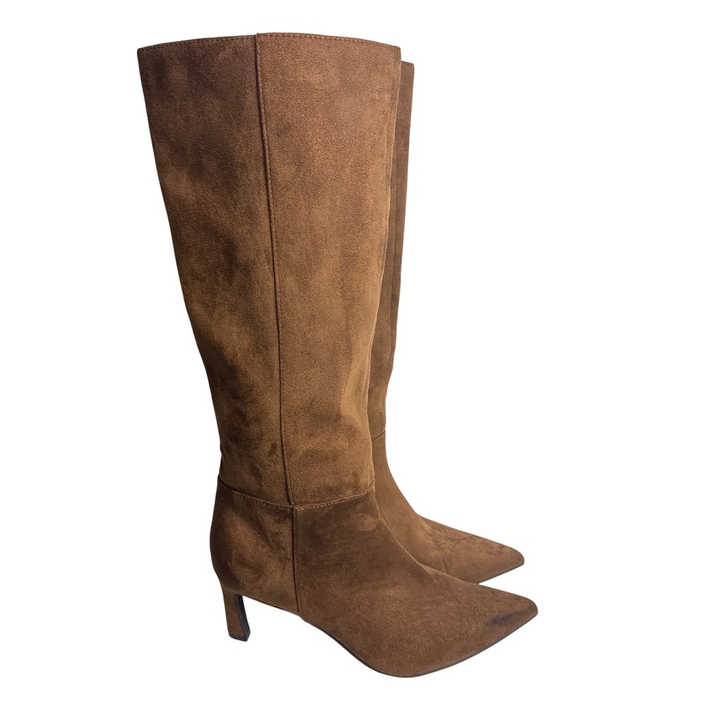 Marc Fisher Flangle2 Brown Suede Tall Pointed Toe Kitten Heel Boots Womens 7.5M